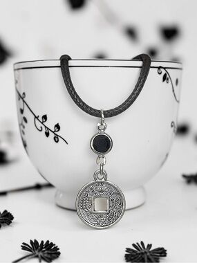 5 For $25💫Silver Turkish Coin Pendant Necklace With a Black Acrylic Gem Accent